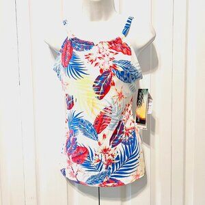 Beach House-NWT-Women's Swimsuit Tankini Top-Size 10-Blue/Coral Tropical-Sun